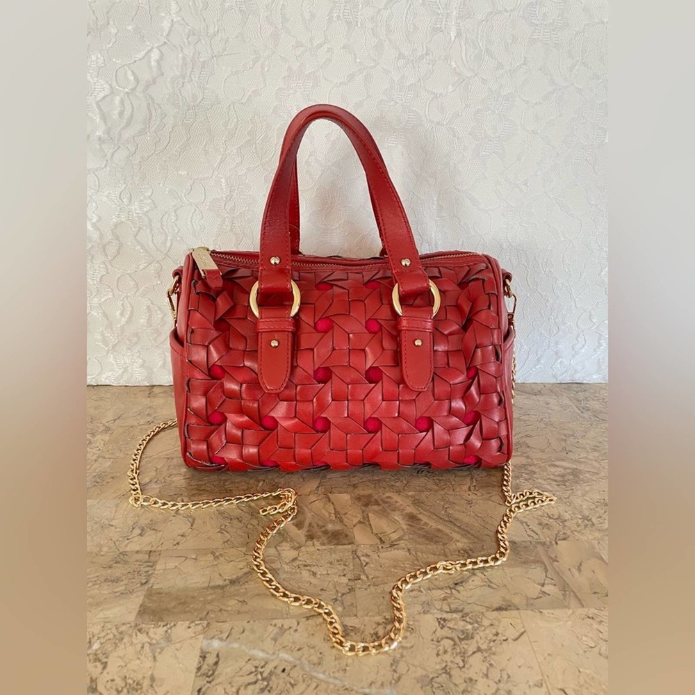 COLE HAAN Red woven detailed leather satchel shoulder bag.